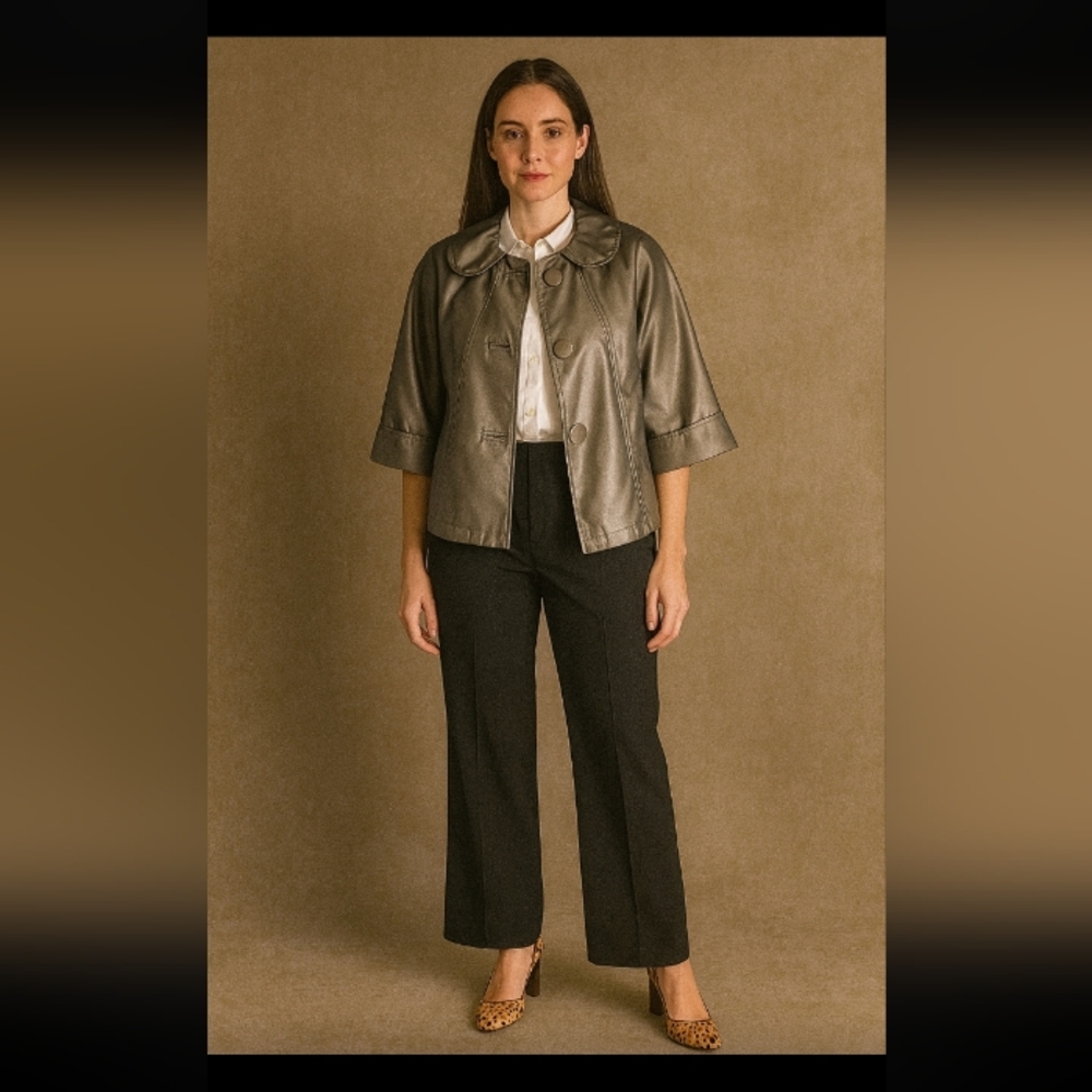Charcoal Gray 3/4 Sleeve Peter Pan Collar Crop Swing Jacket SZ Small/Petite